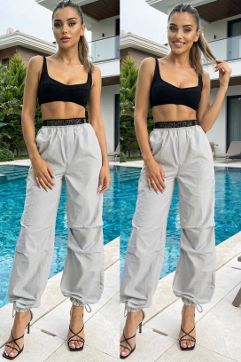 дамски спортно-елегантен панталон с висока талия и ластичен колан SOLVETA WHITE