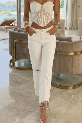 Damskie białe jeansy z frędzlami i postrzępieniami LURISA