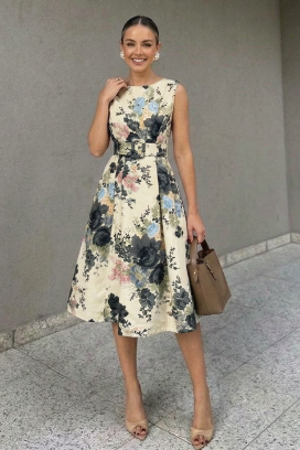 елегантна миди рокля с флорален мотив и колан NORZELA