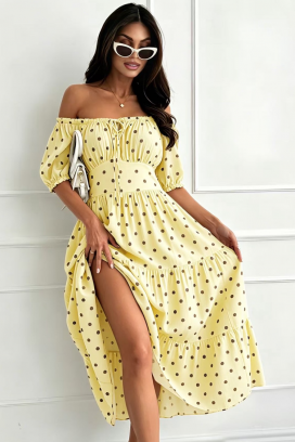 eфирна миди рокля на фини точки с открити рамене MARSYLIA YELLOW