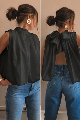 изящен дамски топ с отворен гръб и кокетна панделка NERINITA BLACK