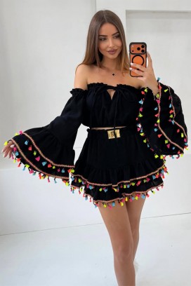 γυναικείο boho σύνολο με cropped τοπ με εντυπωσιακά μανίκια και μίνι φούστα με κρόσσια FIESTIA BLACK
