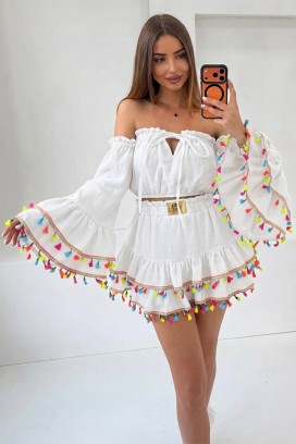 γυναικείο boho σετ με cropped τοπ με statement μανίκια και μίνι φούστα με φούντες FIESTIA WHITE