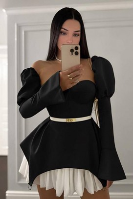 елегантна къса рокля с буфан ръкави и корсетен ефект BARDINA BLACK само за RS