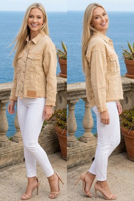 късо дънково яке със свободна кройка и джобове SABRIELA BEIGE