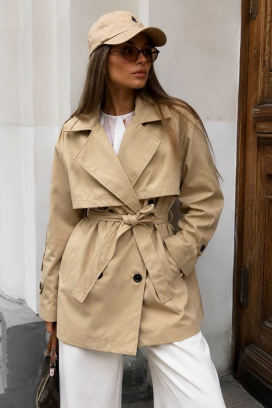 дамски тренчкот с колан и двуредно закопчаване EMALIANA BEIGE