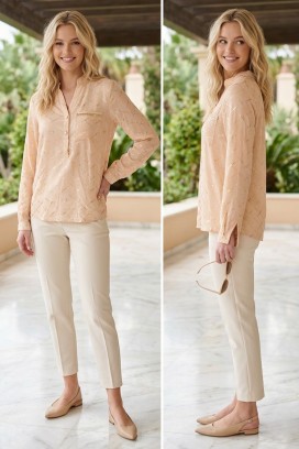 елегантна дамска блуза с дълги ръкави и декоративен десен BELANISIA BEIGE