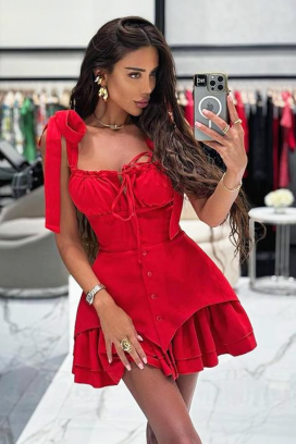 мини рокля с панделки и волани TIRZANA RED RS