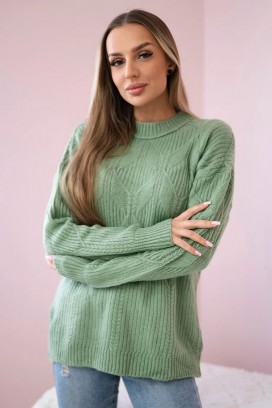 дамски вълнен пуловер с акцентна плетка LEANETA GREEN