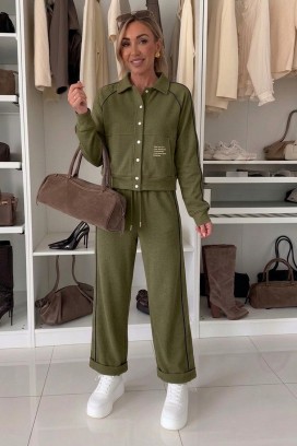 дамски спортно-елегантен комплект с късо яке и джогър панталон LAMONIA KHAKI