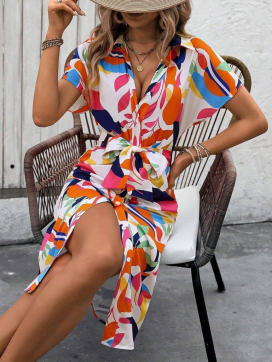 Women's Short-sleeved, Collared, Button-front, Draped, Patterned Supreme Dress.