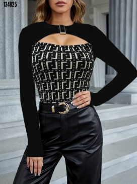 Women's Long-sleeved Crew Neck Scuba Blouse With Plunging Neckline And Buckle Detail.