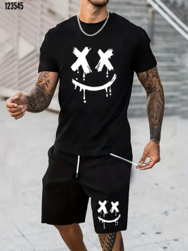 Men's Short-sleeved Crew Neck Printed T-shirt, Drawstring Shorts, Two-thread Set.