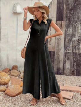 Women's Short Sleeve Front Buttoned Long Drape Jumpsuit With Large Pockets Towards The Hem