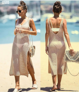 Women's V-neck Thick Strap Back Deep Neckline And Slit Detail Knitted Pareo