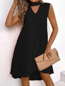 Women's Turtleneck Midi Sandy Dress With V-neck Detail And Asymmetrical Front Cut.