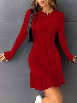 Women's Crew Neck Long-sleeved Mini Dress With Ruffled Hem, Knitted (polyethylene)