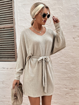 Women' S Long-sleeved Ribbed Brushed Detail Boucle Dress With Belt.