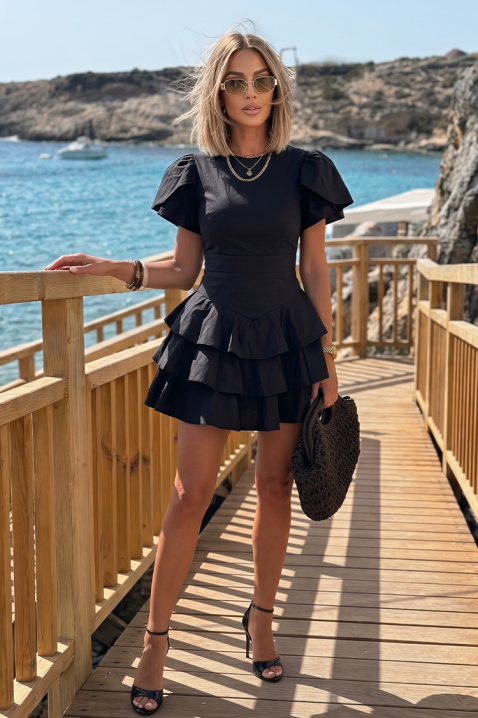 Κοντό φόρεμα με τονισμένη μέση και βολάν ZOLVENA BLACK, Χρώμα: μαύρο, IVET.EU - Εκπτώσεις έως -80%