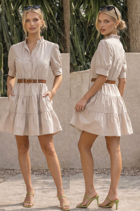 Κοντό κλός φόρεμα με εντυπωσιακά βολάν AXIMENA BEIGE, Χρώμα: μπεζ, IVET.EU - Εκπτώσεις έως -80%