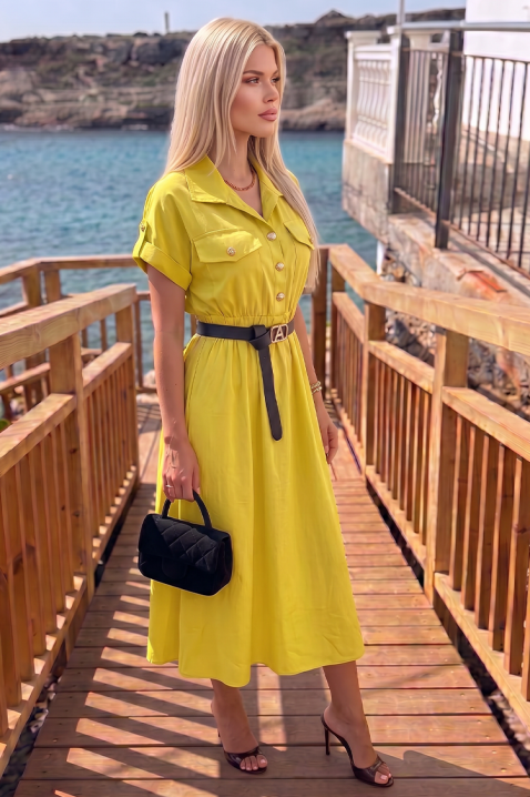 Καλοκαιρινό μίντι φόρεμα σε στυλ «safari» με κουμπιά και ζώνη SAFARINA YELLOW, Χρώμα: κίτρινο, IVET.EU - Εκπτώσεις έως -80%