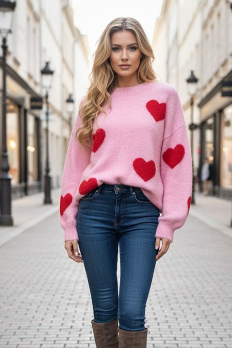 Γυναικείο πλεκτό πουλόβερ με καρδιές VILERIA PINK, Χρώμα: ροζ, IVET.EU - Εκπτώσεις έως -80%