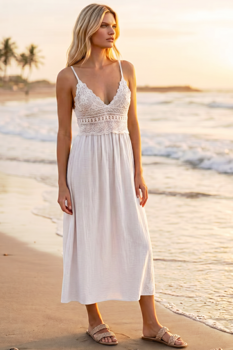 Καλοκαιρινό midi φόρεμα σε boho στυλ με πλεκτό μπούστο SOLANIA WHITE, Χρώμα: άσπρο, IVET.EU - Εκπτώσεις έως -80%