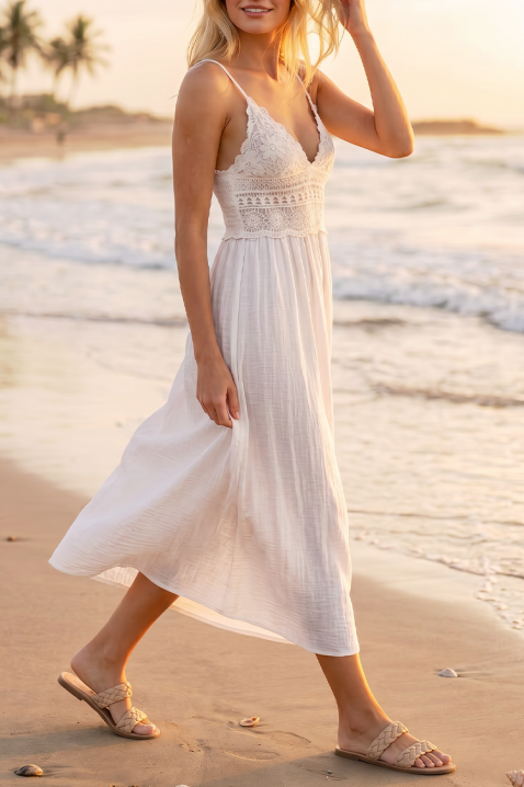Καλοκαιρινό midi φόρεμα σε boho στυλ με πλεκτό μπούστο SOLANIA WHITE, Χρώμα: άσπρο, IVET.EU - Εκπτώσεις έως -80%