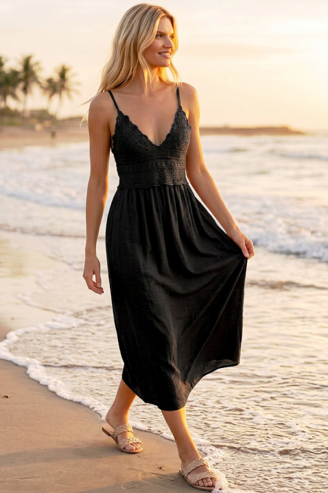 Καλοκαιρινό midi φόρεμα σε boho στυλ με πλεκτό μπούστο SOLANIA BLACK, Χρώμα: μαύρο, IVET.EU - Εκπτώσεις έως -80%
