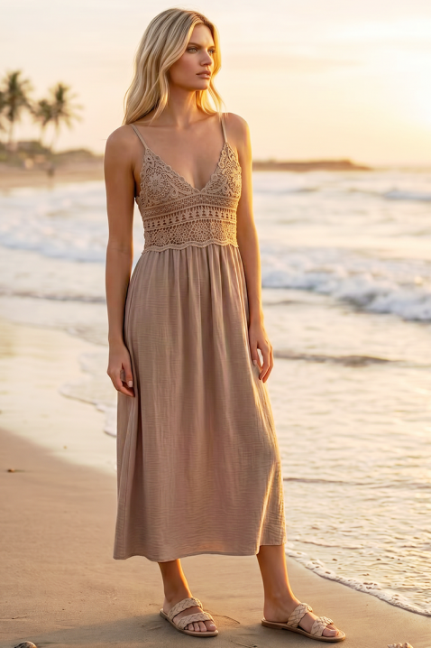 Καλοκαιρινό midi φόρεμα σε boho στυλ με πλεκτό μπούστο SOLANIA BEIGE, Χρώμα: μπεζ, IVET.EU - Εκπτώσεις έως -80%