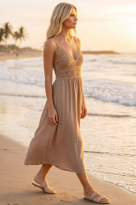 Καλοκαιρινό midi φόρεμα σε boho στυλ με πλεκτό μπούστο SOLANIA BEIGE, Χρώμα: μπεζ, IVET.EU - Εκπτώσεις έως -80%