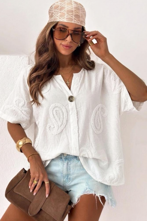 Αέρινο λινό πουκάμισο σε χαλαρή γραμμή και boho στυλ MEGLENA WHITE, Χρώμα: άσπρο, IVET.EU - Εκπτώσεις έως -80%