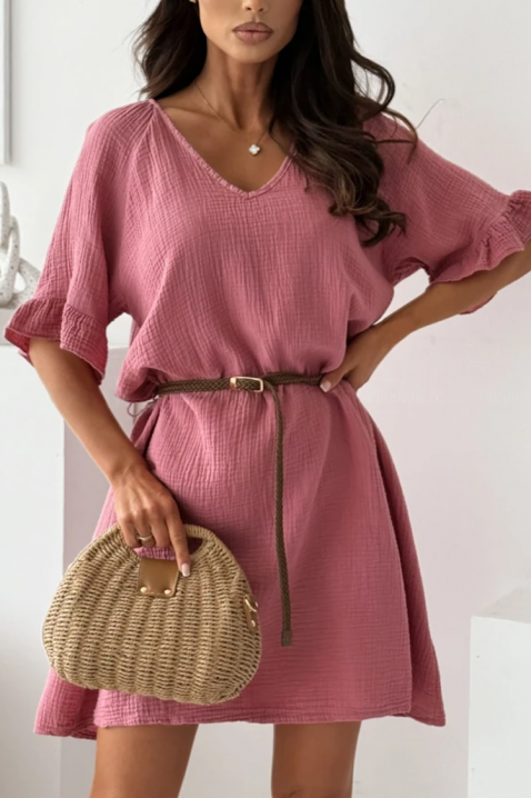Αέρινο βαμβακερό κοντό φόρεμα με ζώνη AMELINTA PINK, Χρώμα: ροζ, IVET.EU - Εκπτώσεις έως -80%
