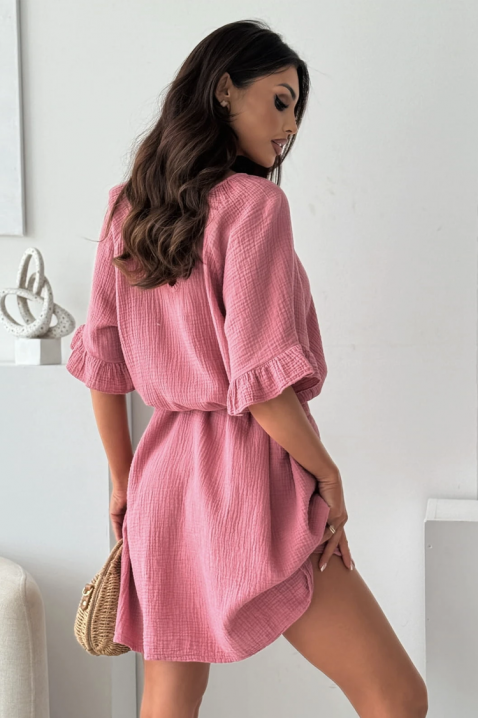 Αέρινο βαμβακερό κοντό φόρεμα με ζώνη AMELINTA PINK, Χρώμα: ροζ, IVET.EU - Εκπτώσεις έως -80%