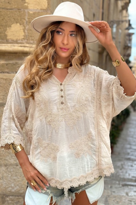 Αέρινη γυναικεία μπλούζα με κέντημα σε boho ύφος KALYTA BEIGE, Χρώμα: μπεζ, IVET.EU - Εκπτώσεις έως -80%