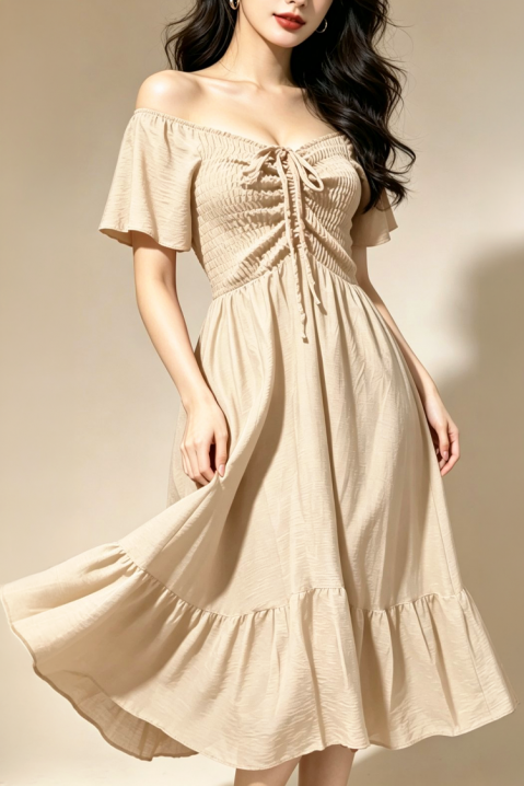 Κλος μίντι φόρεμα με ελαστικές σούρες VELATINA BEIGE, Χρώμα: μπεζ, IVET.EU - Εκπτώσεις έως -80%