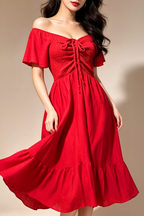 Κλος μίντι φόρεμα με ελαστικές σούρες VELATINA RED, Χρώμα: κόκκινο, IVET.EU - Εκπτώσεις έως -80%