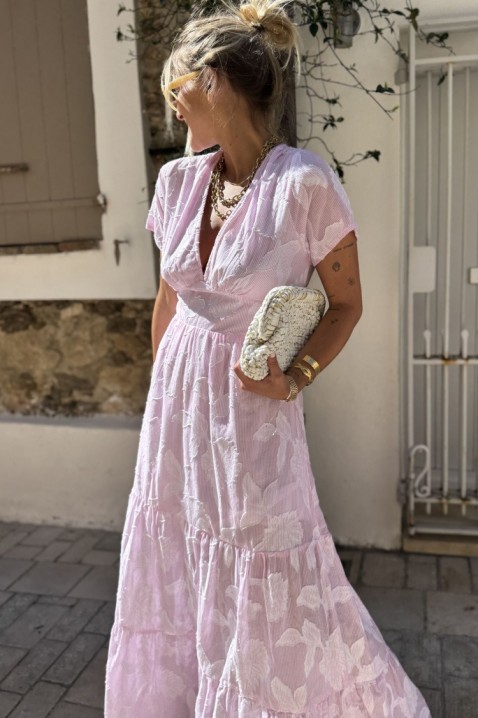 Αέρινο μακρύ φόρεμα με ανάγλυφο φλοράλ σχέδιο και εντυπωσιακή πλάτη DONELA PINK, Χρώμα: ροζ, IVET.EU - Εκπτώσεις έως -80%