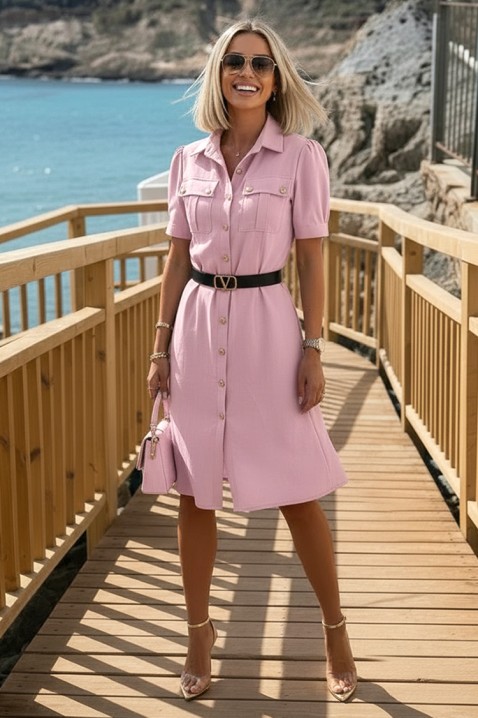 Μίντι φόρεμα σε στυλ πουκαμίσου με ζώνη MERINITA PINK, Χρώμα: ροζ, IVET.EU - Εκπτώσεις έως -80%