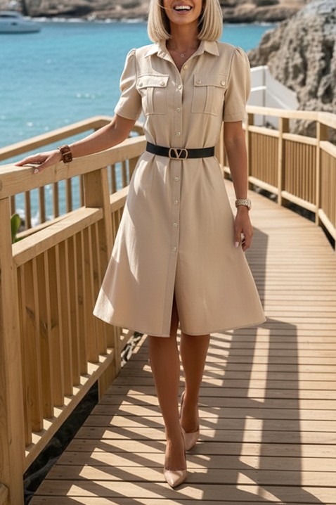 Μίντι φόρεμα σε στυλ πουκαμίσου με ζώνη MERINITA BEIGE, Χρώμα: μπεζ, IVET.EU - Εκπτώσεις έως -80%