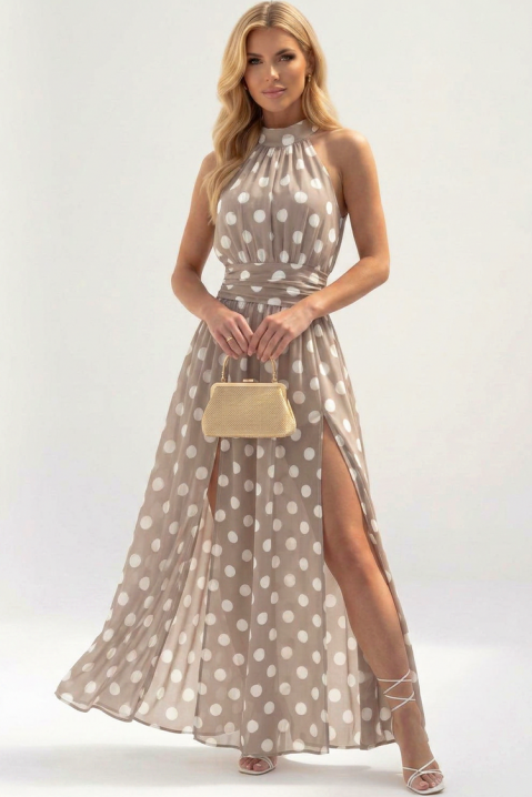 Μακρύ αέρινο πουά φόρεμα με halter λαιμόκοψη TENESIANA BEIGE, Χρώμα: μπεζ, IVET.EU - Εκπτώσεις έως -80%