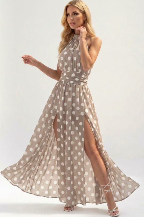 Μακρύ αέρινο πουά φόρεμα με halter λαιμόκοψη TENESIANA BEIGE, Χρώμα: μπεζ, IVET.EU - Εκπτώσεις έως -80%