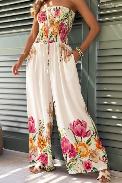 Γυναικεία ολόσωμη φόρμα με φλοράλ μοτίβο και φαρδύ μπατζάκι PALEMIRA ECRU, Χρώμα: εκρού, IVET.EU - Εκπτώσεις έως -80%