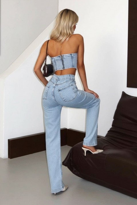 Μοντέρνο denim σύνολο με μπουστάκι και τζιν με κρύσταλλα PIROLINA, Χρώμα: denim, IVET.EU - Εκπτώσεις έως -80%