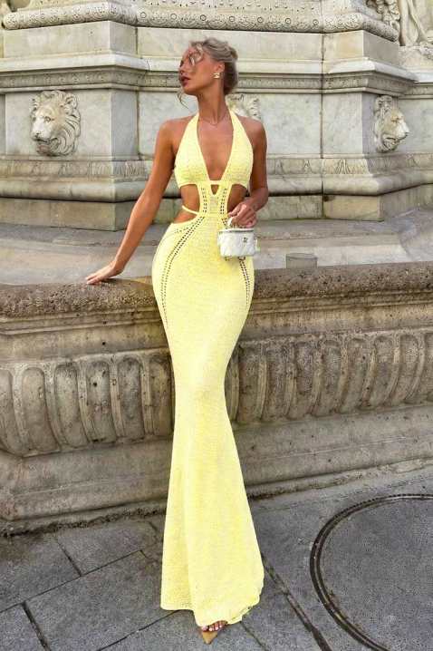 Μακρύ πλεκτό φόρεμα παραλίας με ανοίγματα KRESTINA YELLOW, Χρώμα: κίτρινο, IVET.EU - Εκπτώσεις έως -80%