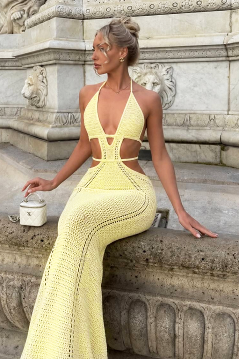 Μακρύ πλεκτό φόρεμα παραλίας με ανοίγματα KRESTINA YELLOW, Χρώμα: κίτρινο, IVET.EU - Εκπτώσεις έως -80%