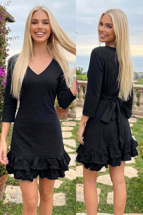Κοντό φόρεμα με V λαιμόκοψη, βολάν και δέσιμο στην πλάτη NERINALA BLACK, Χρώμα: μαύρο, IVET.EU - Εκπτώσεις έως -80%