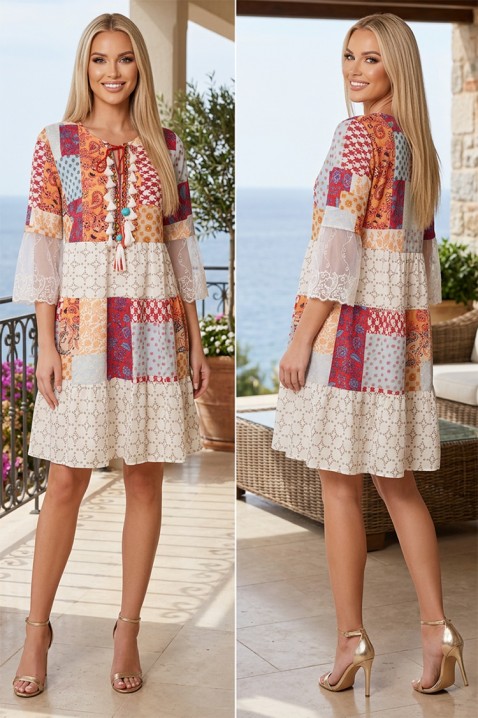 Χαλαρό boho κοντό φόρεμα με patchwork print και δαντελένα μανίκια FANTAVELA ECRU, Χρώμα: χρωματιστό, IVET.EU - Εκπτώσεις έως -80%