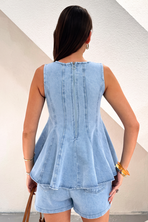 Γυναικείο denim σύνολο με αέρινο τοπ και σορτσάκι EFORISIA, Χρώμα: denim, IVET.EU - Εκπτώσεις έως -80%