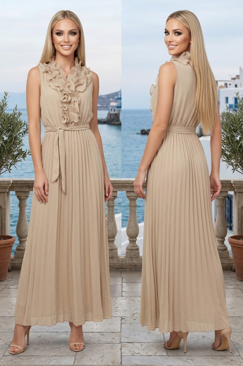 Κομψό φόρεμα με ζώνη και βολάν VAVETA BEIGE, Χρώμα: μπεζ, IVET.EU - Εκπτώσεις έως -80%